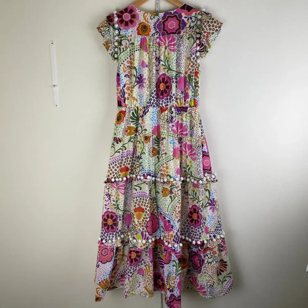 J.Crew Ratti Retro Floral Pom Pom Midi Dress White Size 6 AK624 - Picture 10 of 16